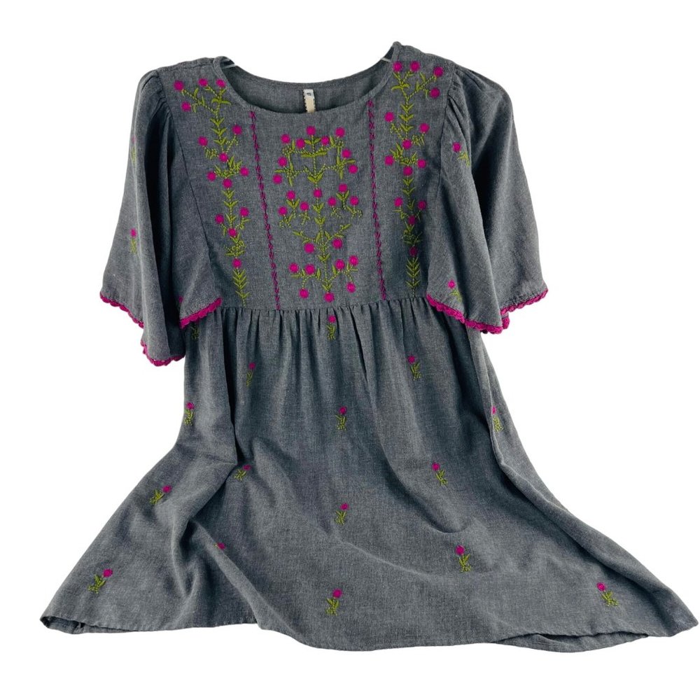 Uncle Frank Gray Dress with Pink Floral Embroidery
